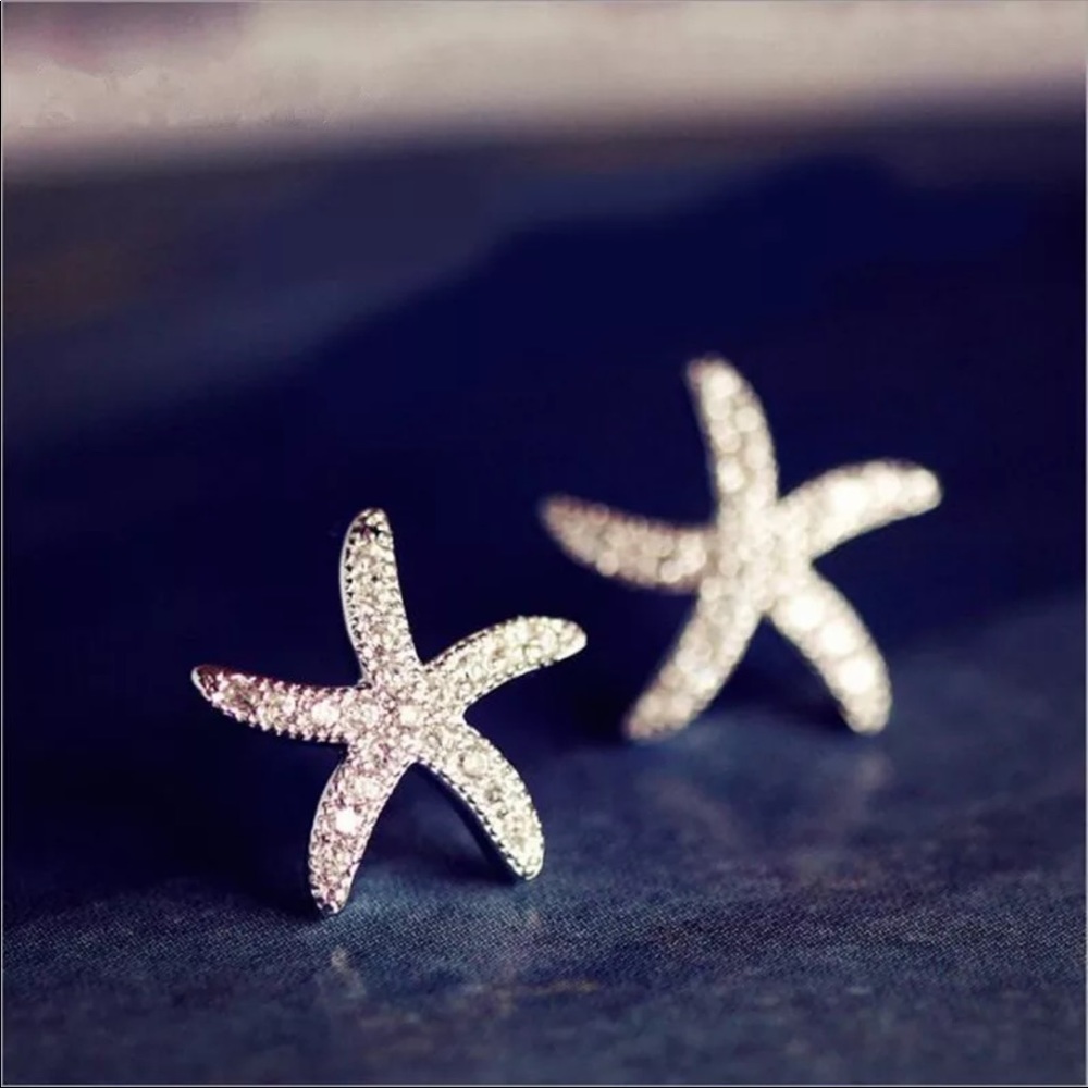 New 925 Silver Cute Starfish Diamond Stud Earrings - Picture 2 of 6